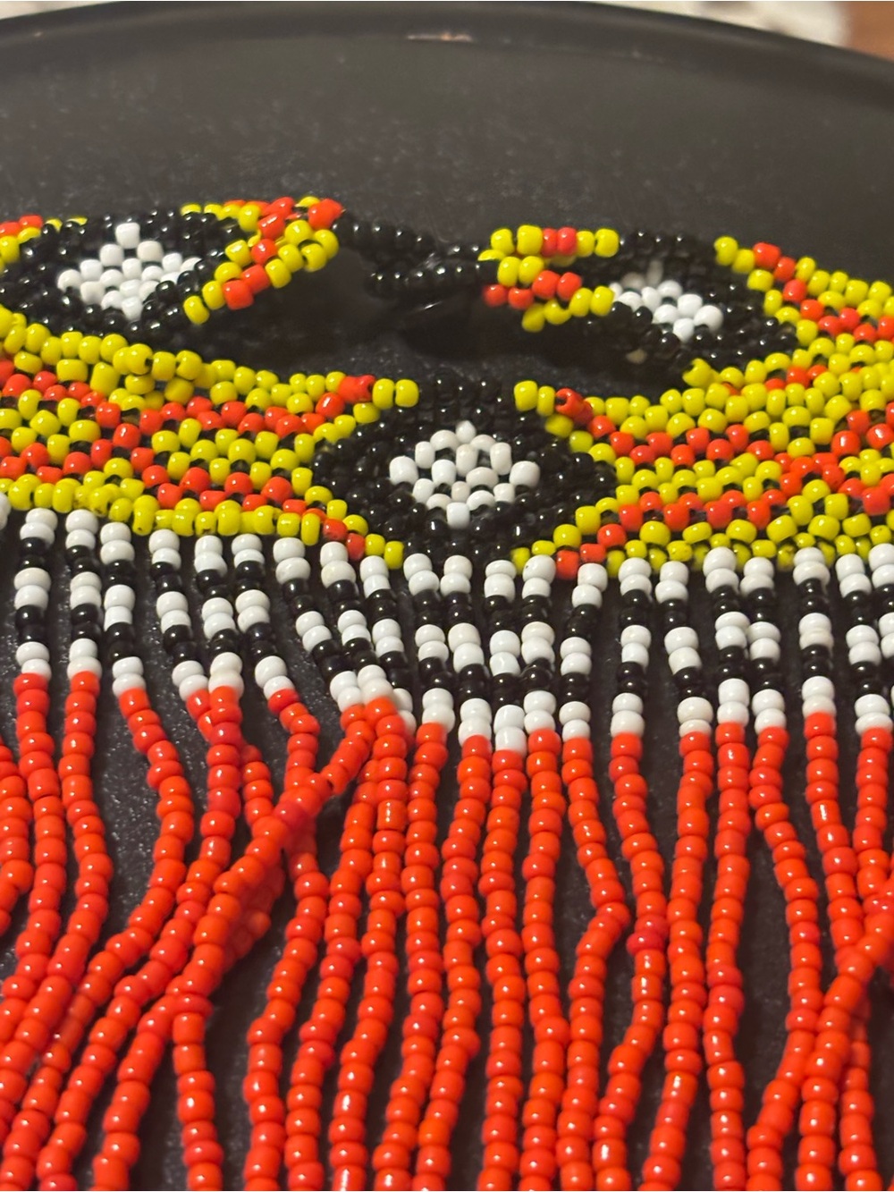Handcrafted Orange, Yellow & Black Beaded Fringe Necklace - Picture 9 of 10